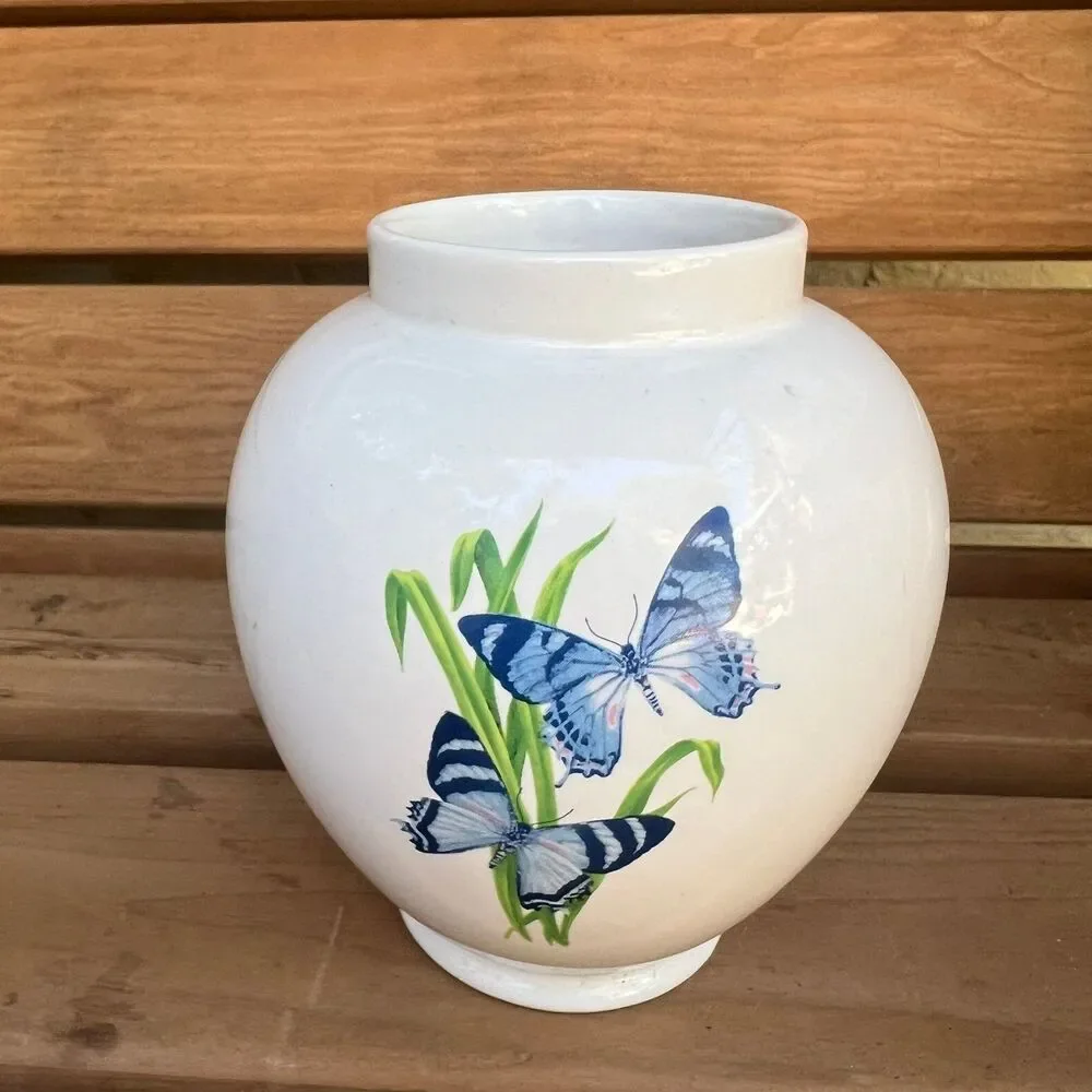 Vintage FTD white ceramic ginger jar blue butterflies